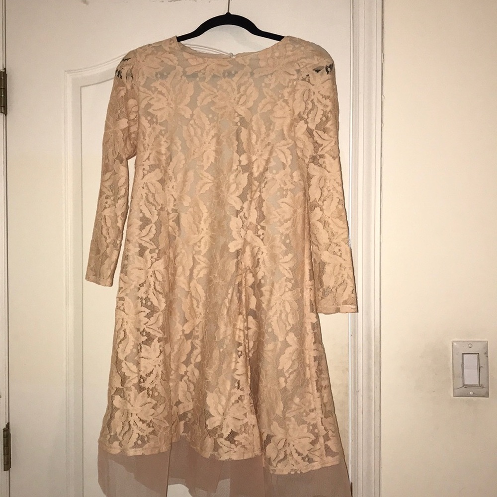 Peach Long Sleeve Floral Lace Dress